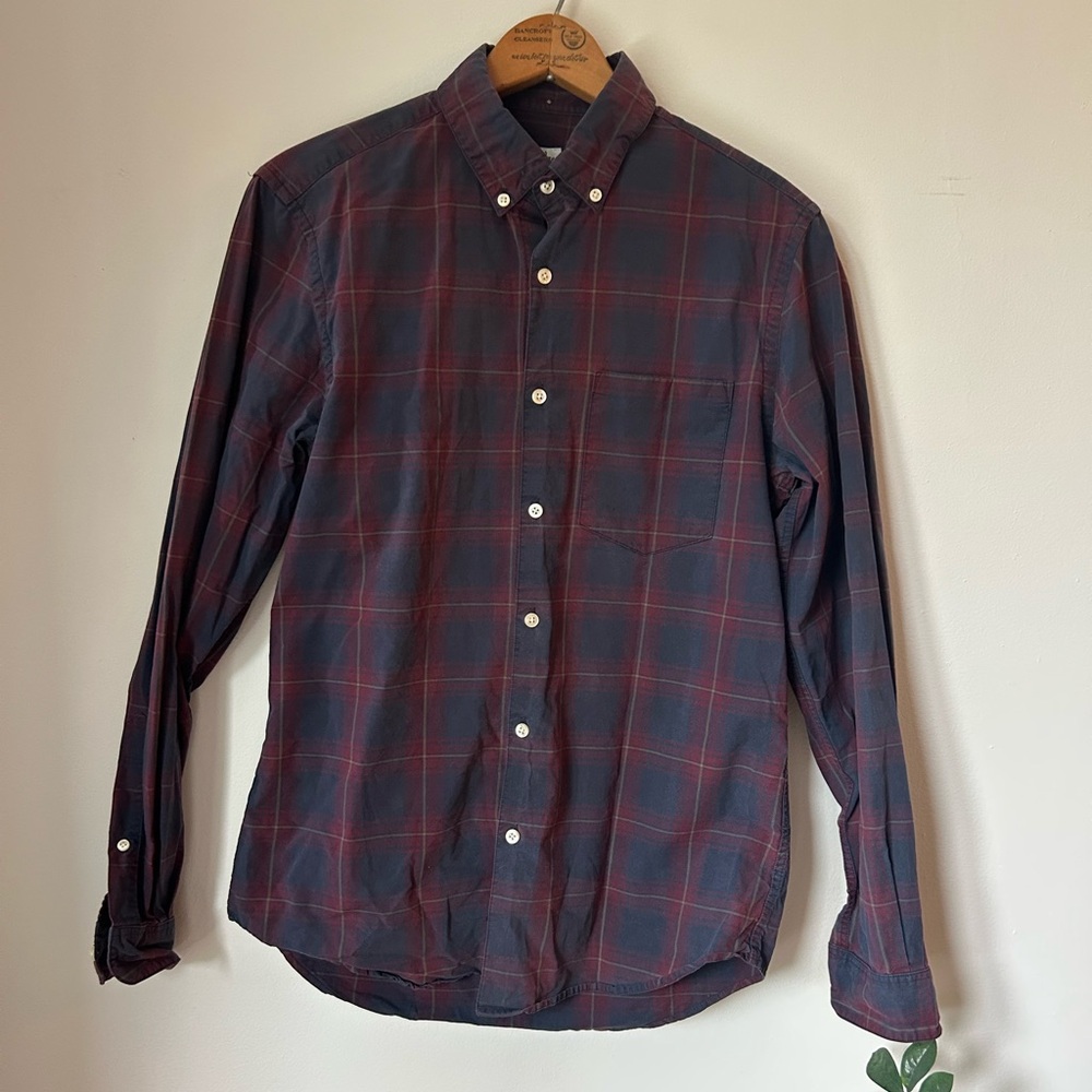 Steven Alan Burgundy and navy plaid button-up shirt, small single needle